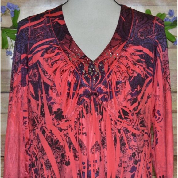 One World Ladies Red 3/4 Sleeve Studded V-Neck Blouse XL Stretch Floral Tunic - Picture 2 of 12